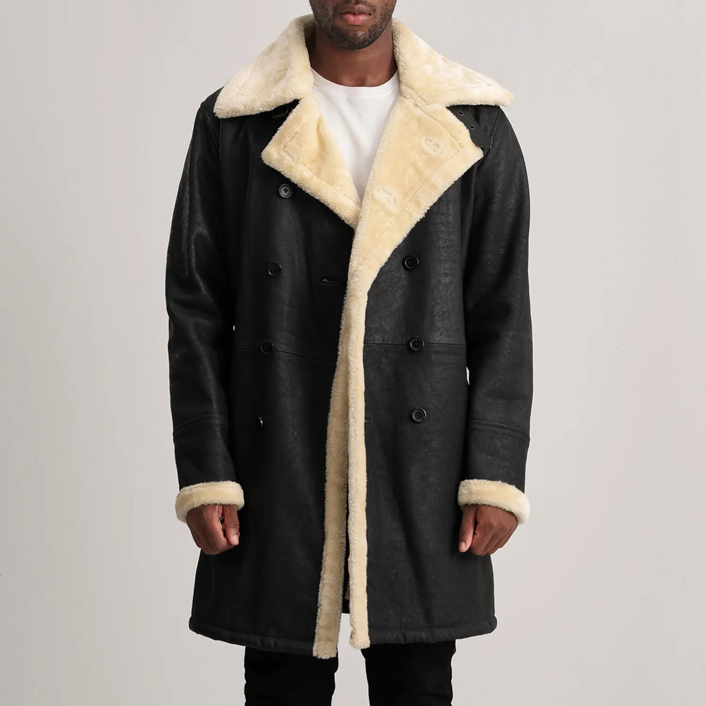 Charles Tumbled Black Leather Shearling Double-Breasted Coat