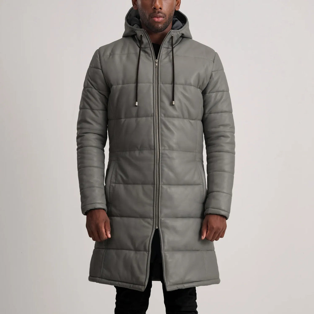 Floyd Grey Hooded Leather Puffer Coat