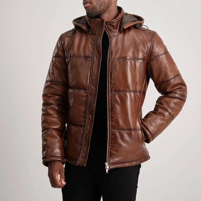 Gordon Waxed Brown Hooded Leather Puffer Jacket