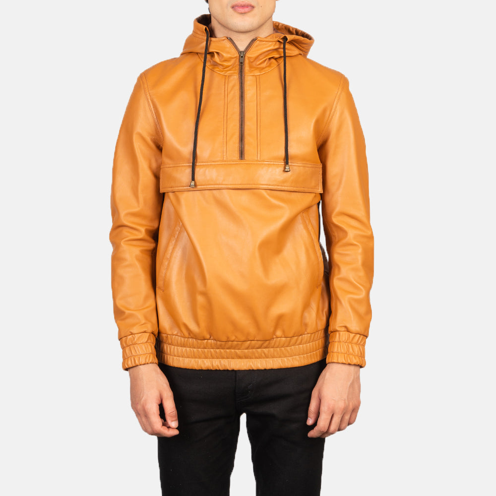Kenton Hooded Brown Leather Pullover Jacket