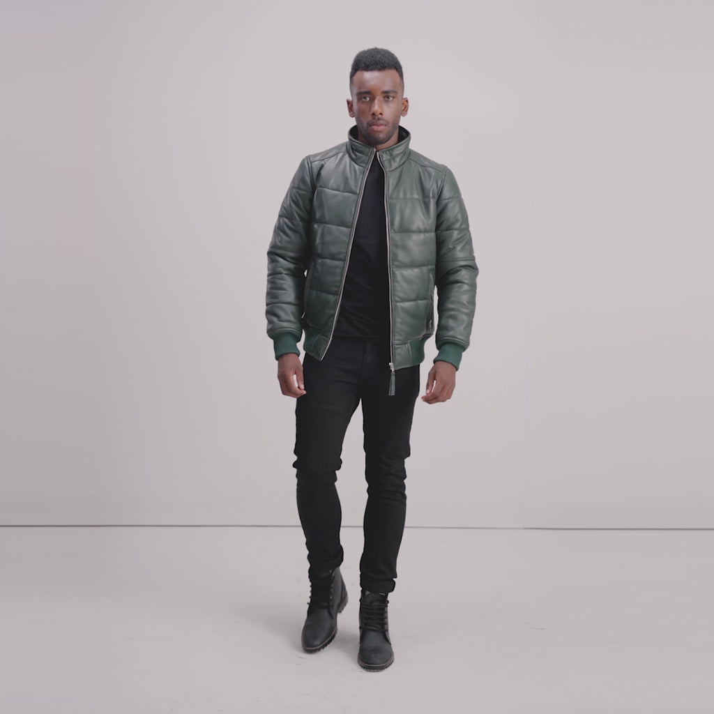 Lucas Green Leather Puffer Bomber Jacket