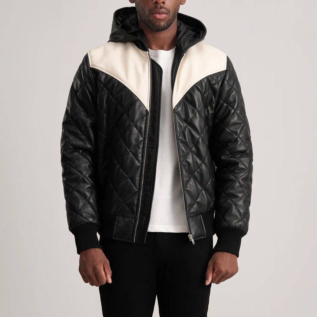 Norman Black Hooded Bomber Leather Puffer Jacket
