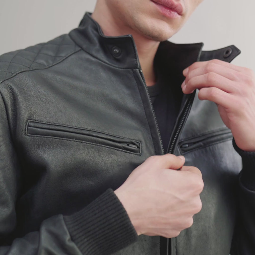 Sven Tumbled Black Leather Bomber Jacket